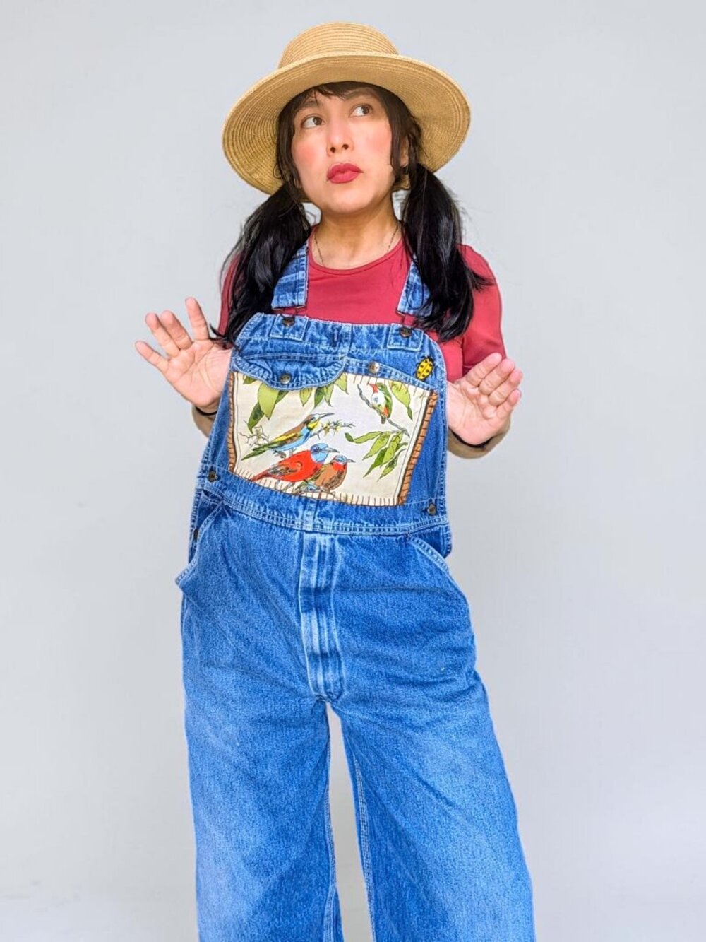 VTG 90s Key reworked birds botanical patchwork fairy cottage grunge overalls M/L